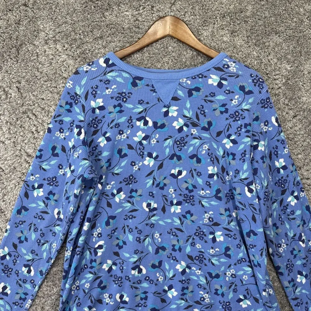 Woman Within 18/20 Waffle Knit Floral Long Sleeve Top Blue L - Picture 2 of 6